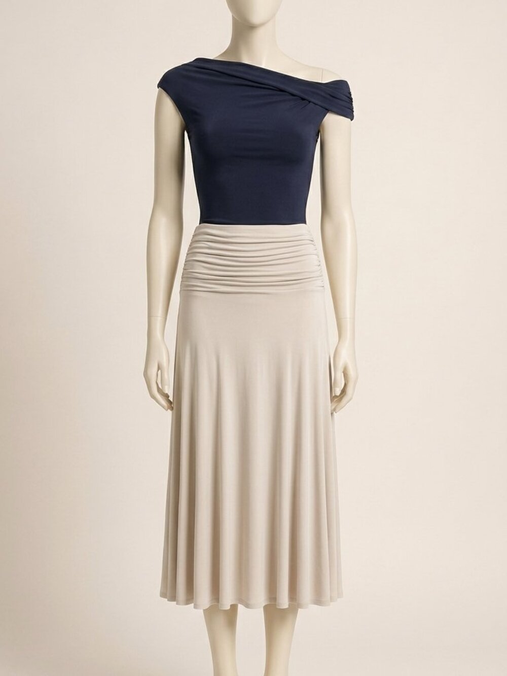 OGL Navy Blue Cream Brami Top Midi Skirt Matching Set Size M New